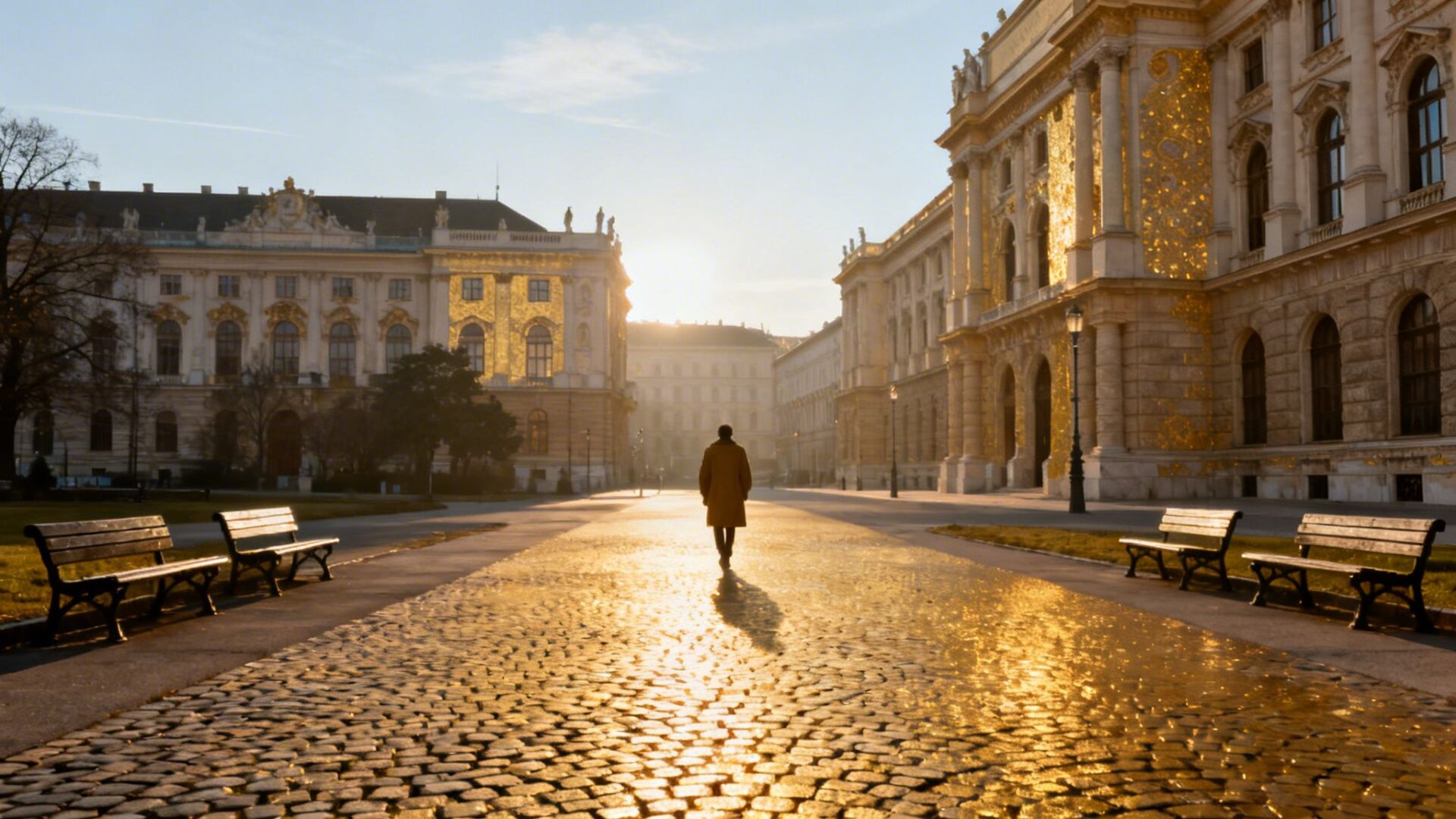Person walks on a sun-drenched, golden cobblestone path between ornate buildings in Vienna.