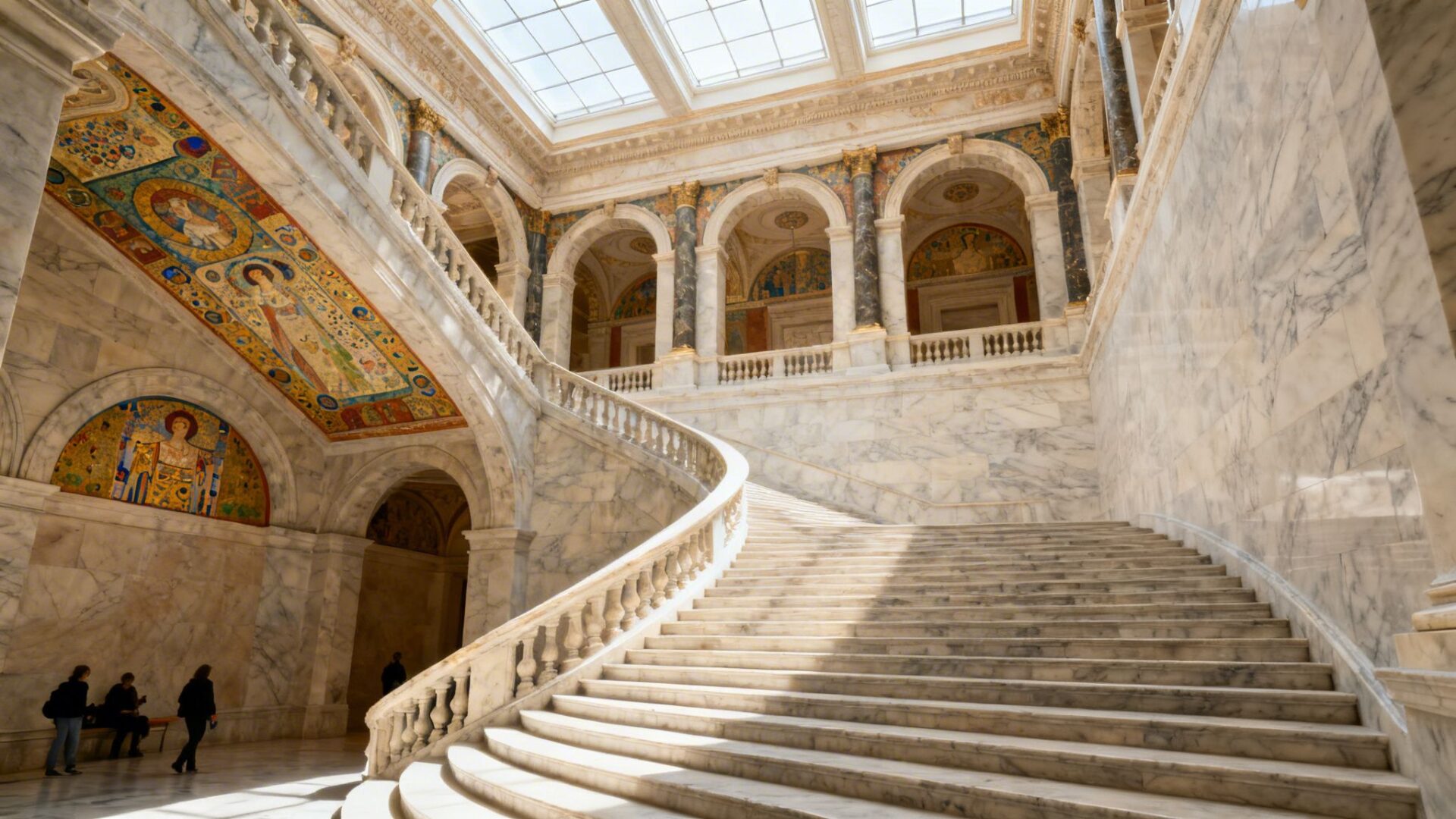 Ornate marble staircase and vibrant mosaics under skylights in a grand, historic building.
