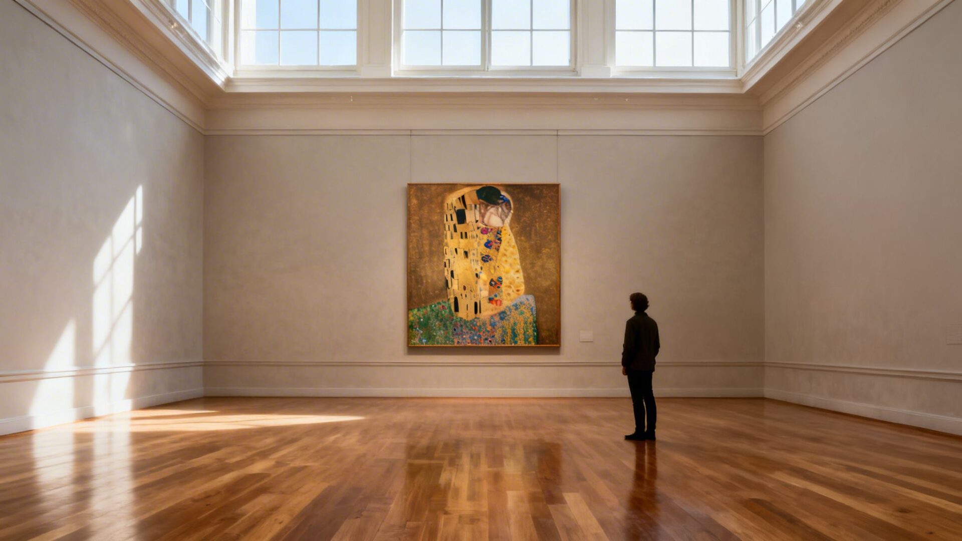 A person in a large, empty museum gallery viewing Gustav Klimt's 'The Kiss' painting.