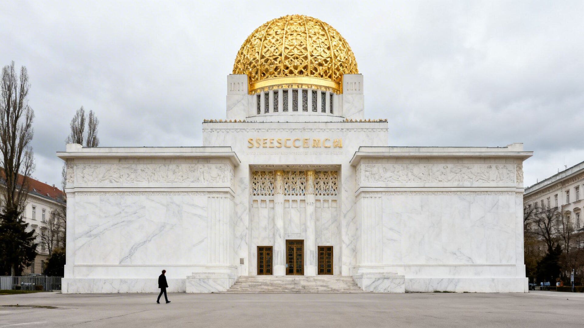 The white Secession Building in Vienna with its iconic golden dome and a person walking past.