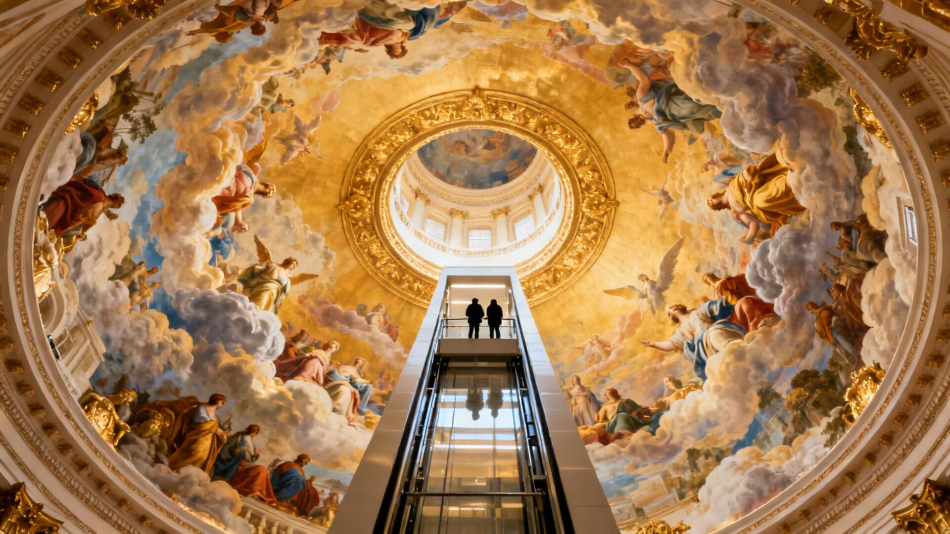 Two people in a modern glass elevator gaze up at a magnificent painted dome ceiling with angels.