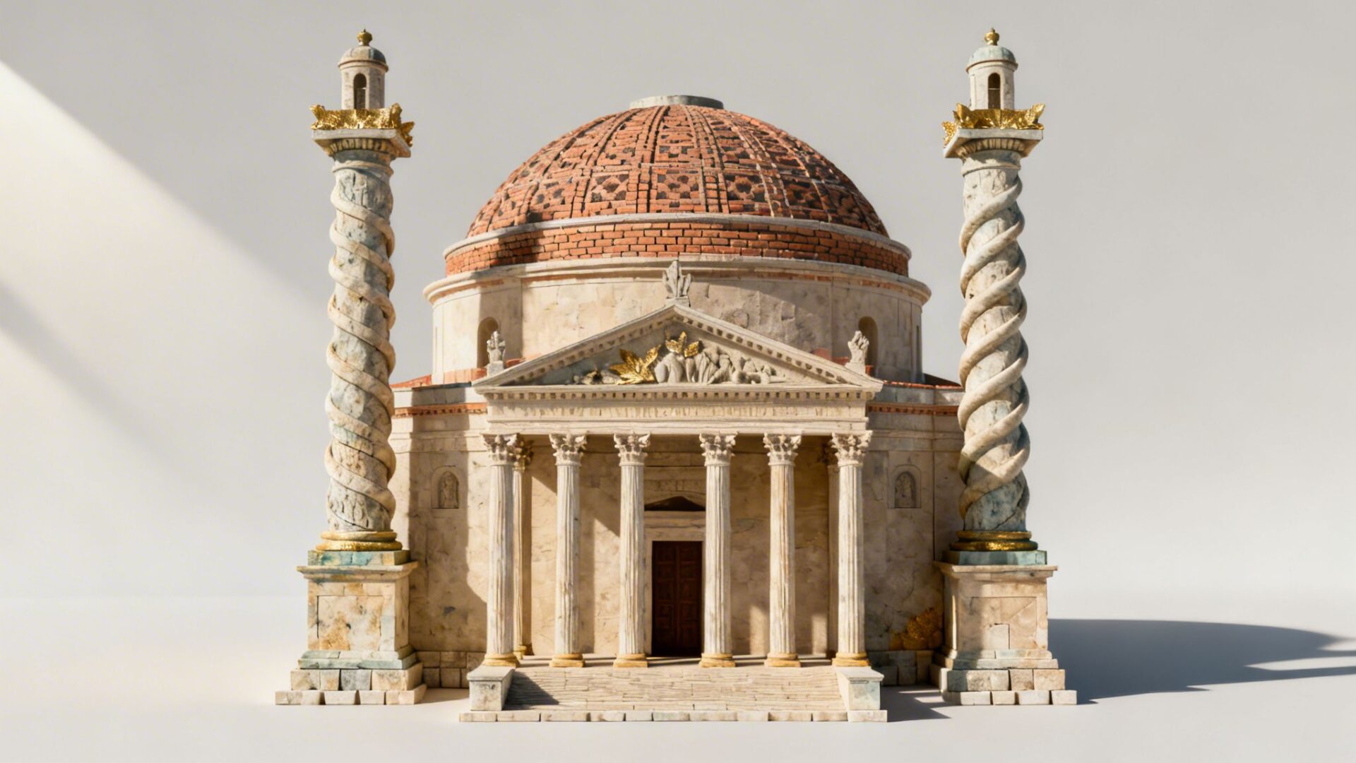 A detailed architectural model of a classical church featuring a large dome and two spiral columns.