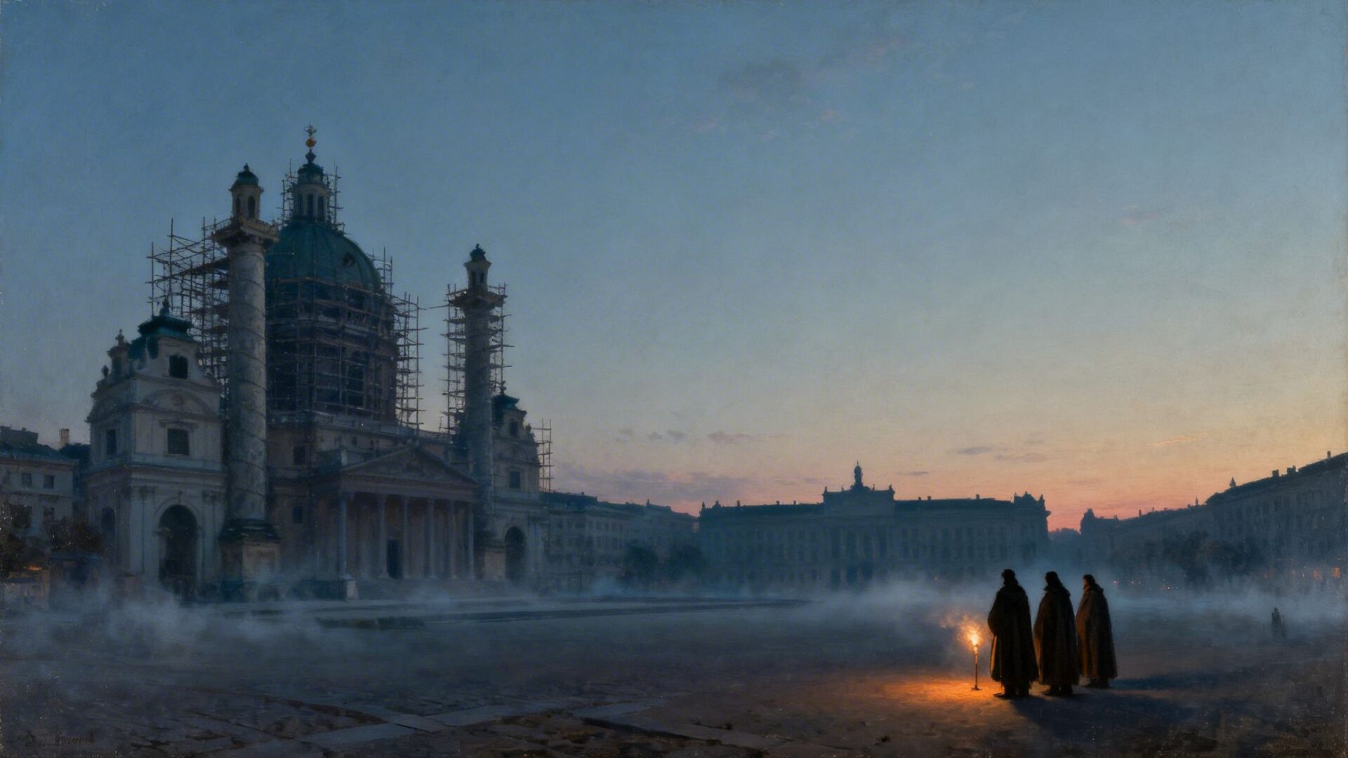 Three robed figures with a torch in a misty square near St. Charles Church at twilight.