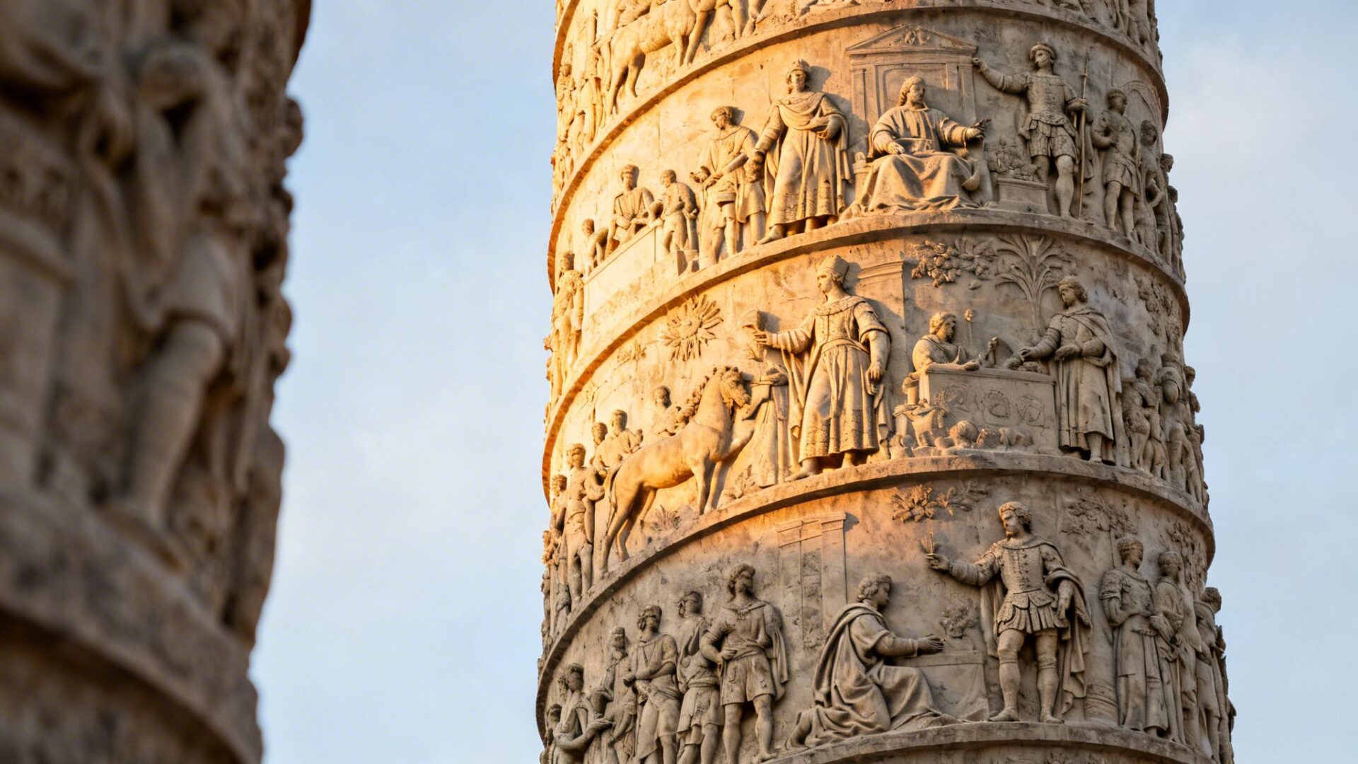 Close-up of a sunlit ancient Roman stone column with intricate spiral relief carvings depicting historical scenes and figures.