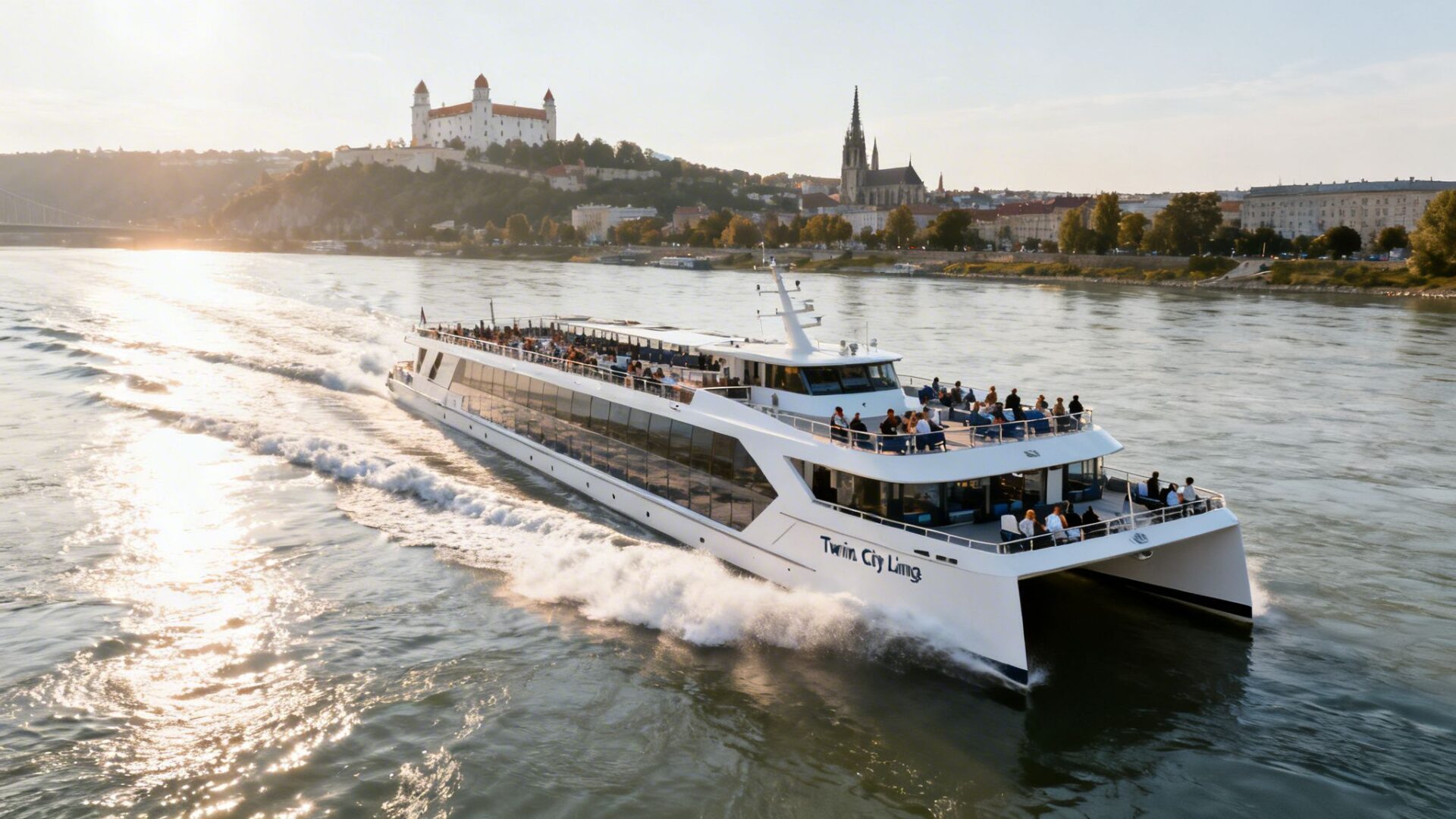 The Twin City Liner catamaran travels on the Danube river with Bratislava Castle in the background.
