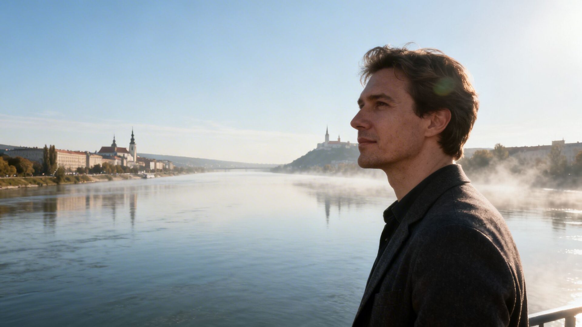 A man in a blazer looks over a calm, foggy river with historic buildings in the distance.