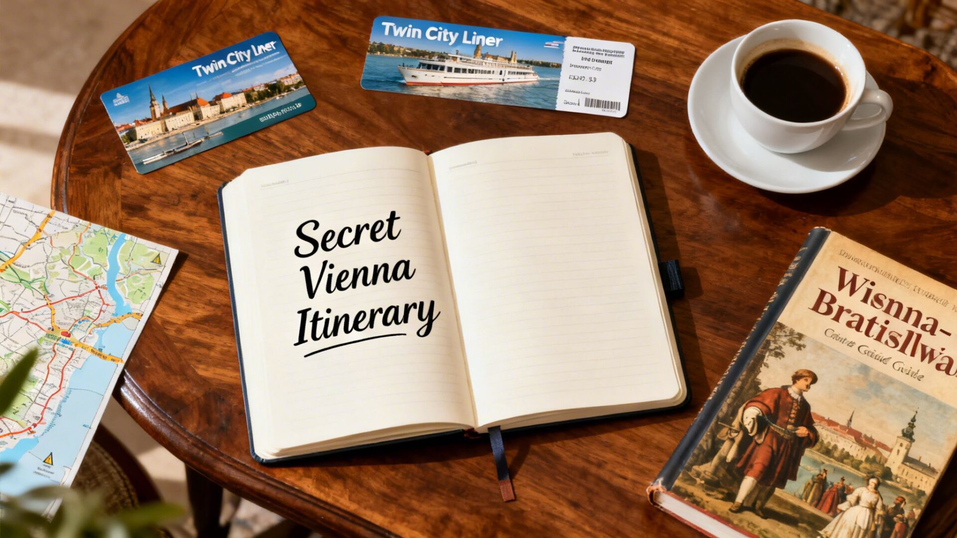 A travel planning flatlay featuring a notebook with Secret Vienna Itinerary text, boat tickets, map, and book.
