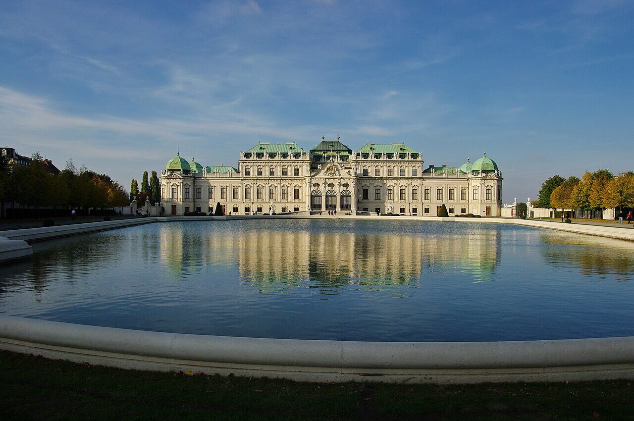 Upper Belvedere Palace reflected in the pool in Vienna